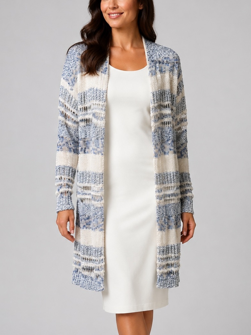 🆕🩵✨Rain + Rose XL Ivory Blue Open Knit Long Cardigan Duster Boho Casual Office